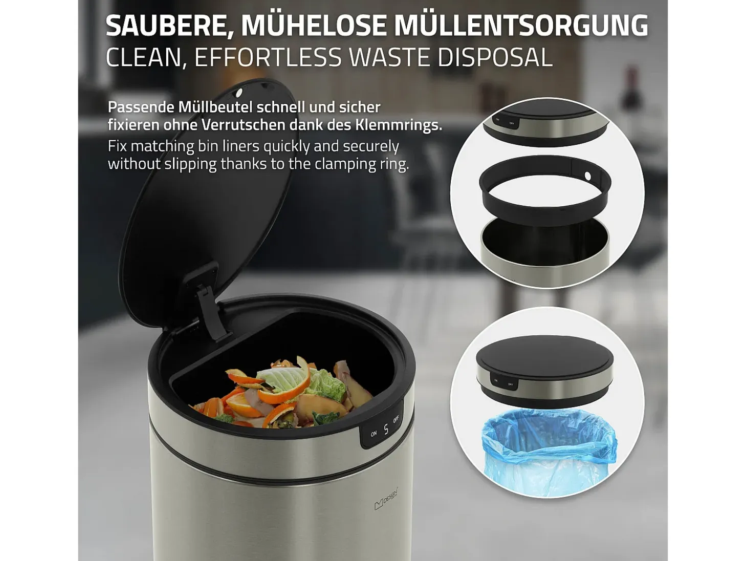 ML-Design Cubo de basura inteligente con sensor de movimiento 40L papelera redonda con apertura y cierre automática de acero plateado con pantalla LED