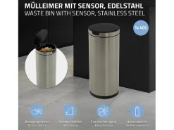 ML-Design Cubo de basura inteligente con sensor de movimiento 40L papelera redonda con apertura y cierre automática de acero plateado con pantalla LED