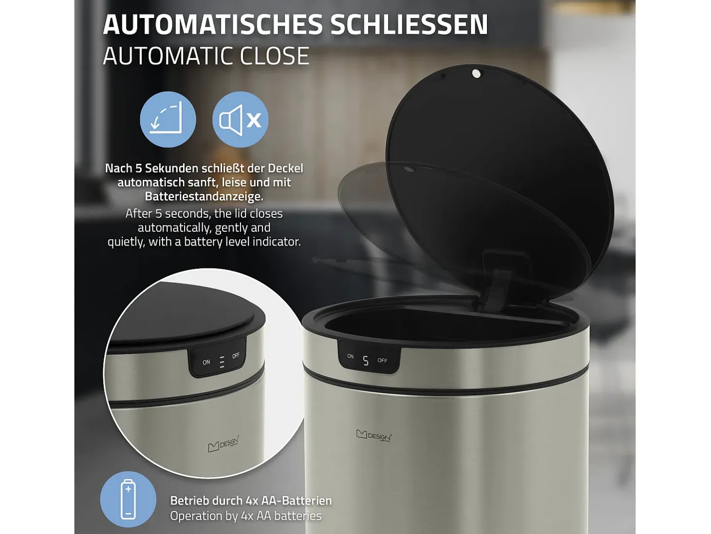 ML-Design Cubo de basura inteligente con sensor de movimiento 40L papelera redonda con apertura y cierre automática de acero plateado con pantalla LED