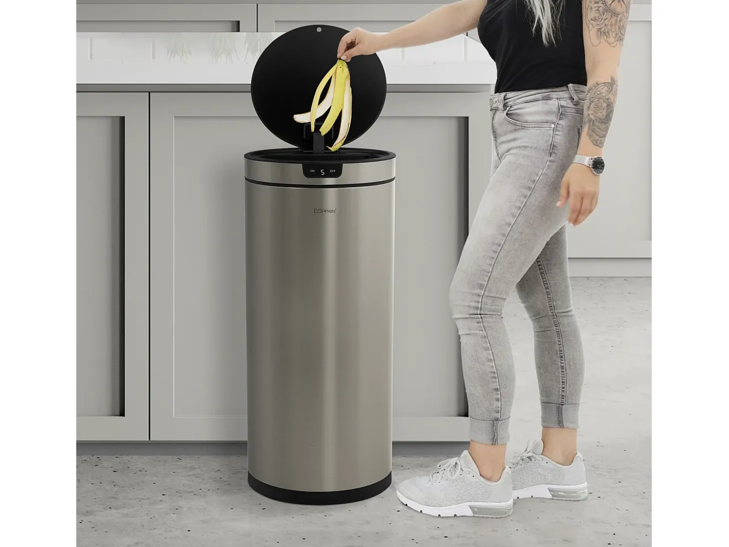 ML-Design Cubo de basura inteligente con sensor de movimiento 40L papelera redonda con apertura y cierre automática de acero plateado con pantalla LED