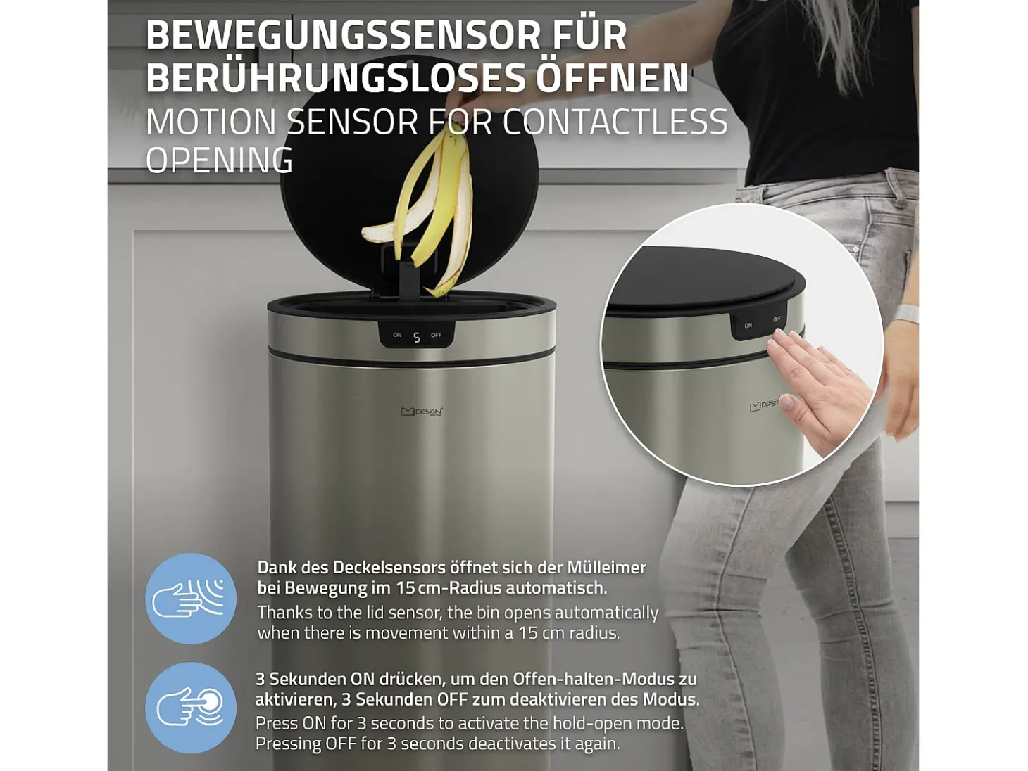ML-Design Cubo de basura inteligente con sensor de movimiento 40L papelera redonda con apertura y cierre automática de acero plateado con pantalla LED