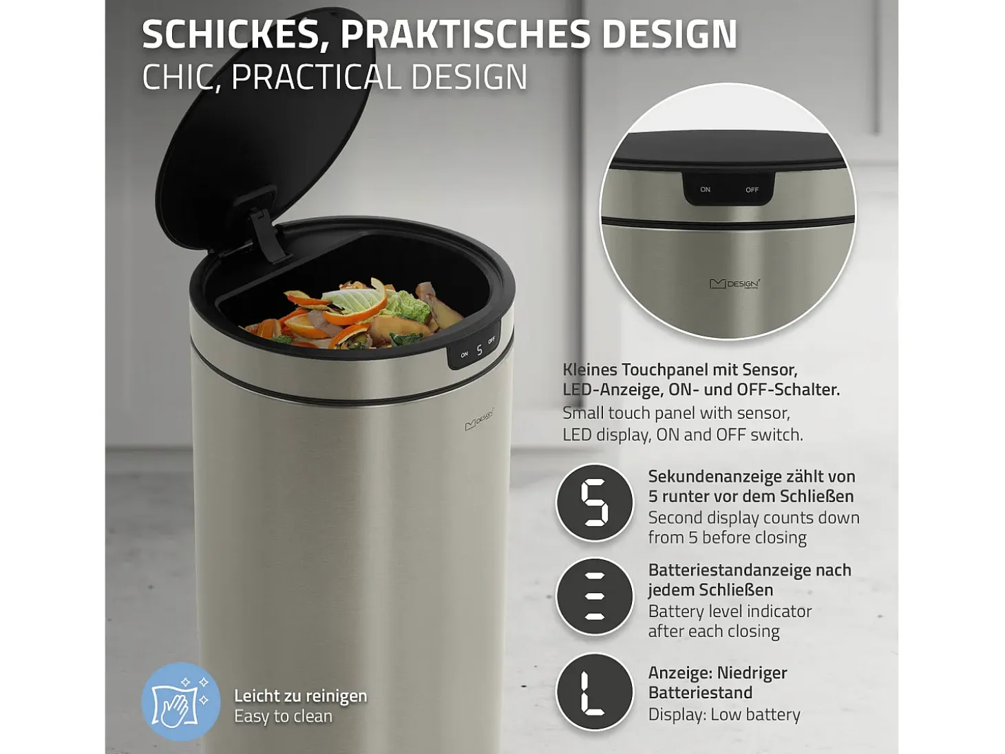 ML-Design Cubo de basura inteligente con sensor de movimiento 40L papelera redonda con apertura y cierre automática de acero plateado con pantalla LED