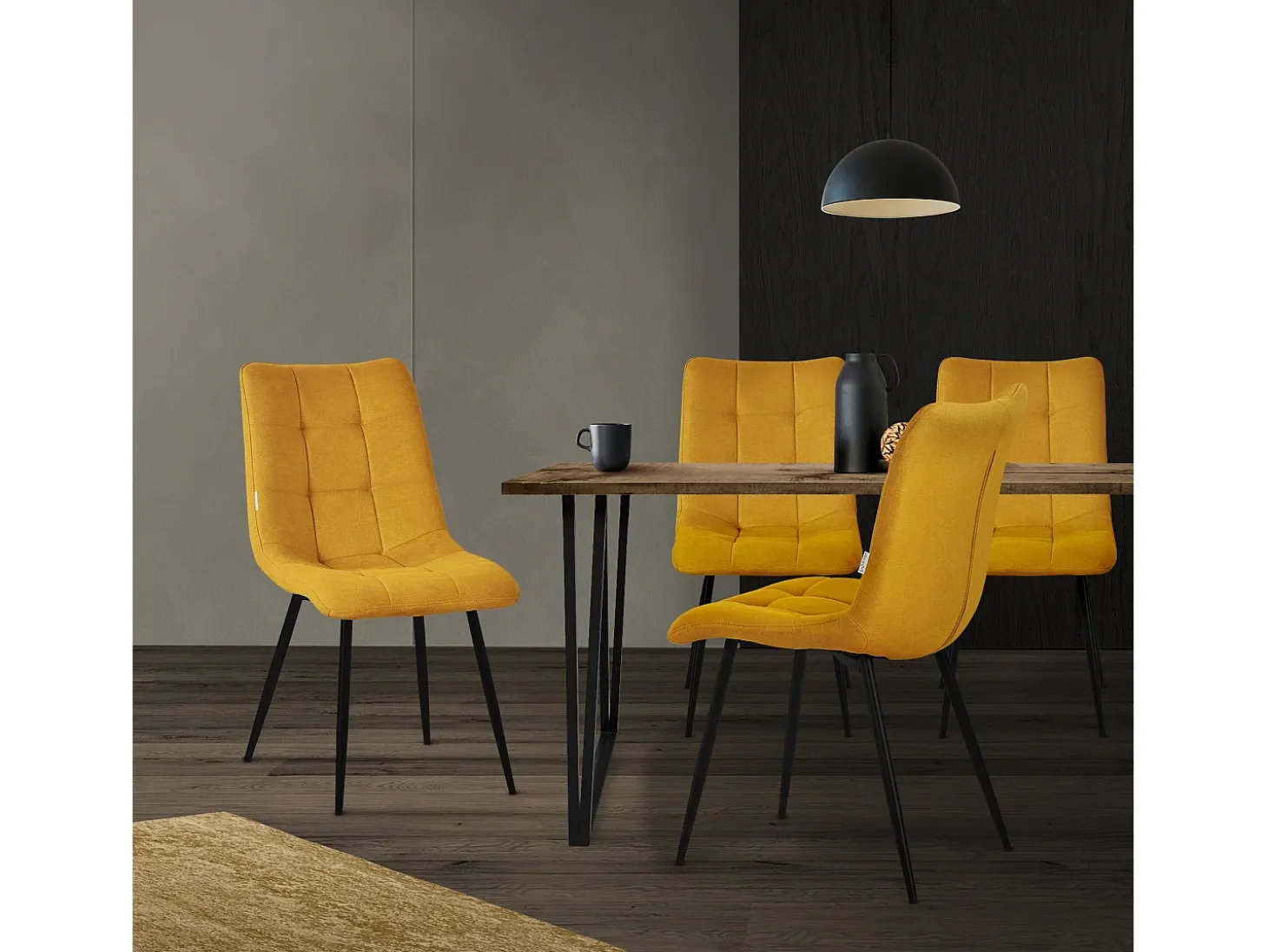 ML-Design Silla de comedor 4 piezas amarillo mostaza, Silla de salón con tapicería de tela y patas de metal negro
