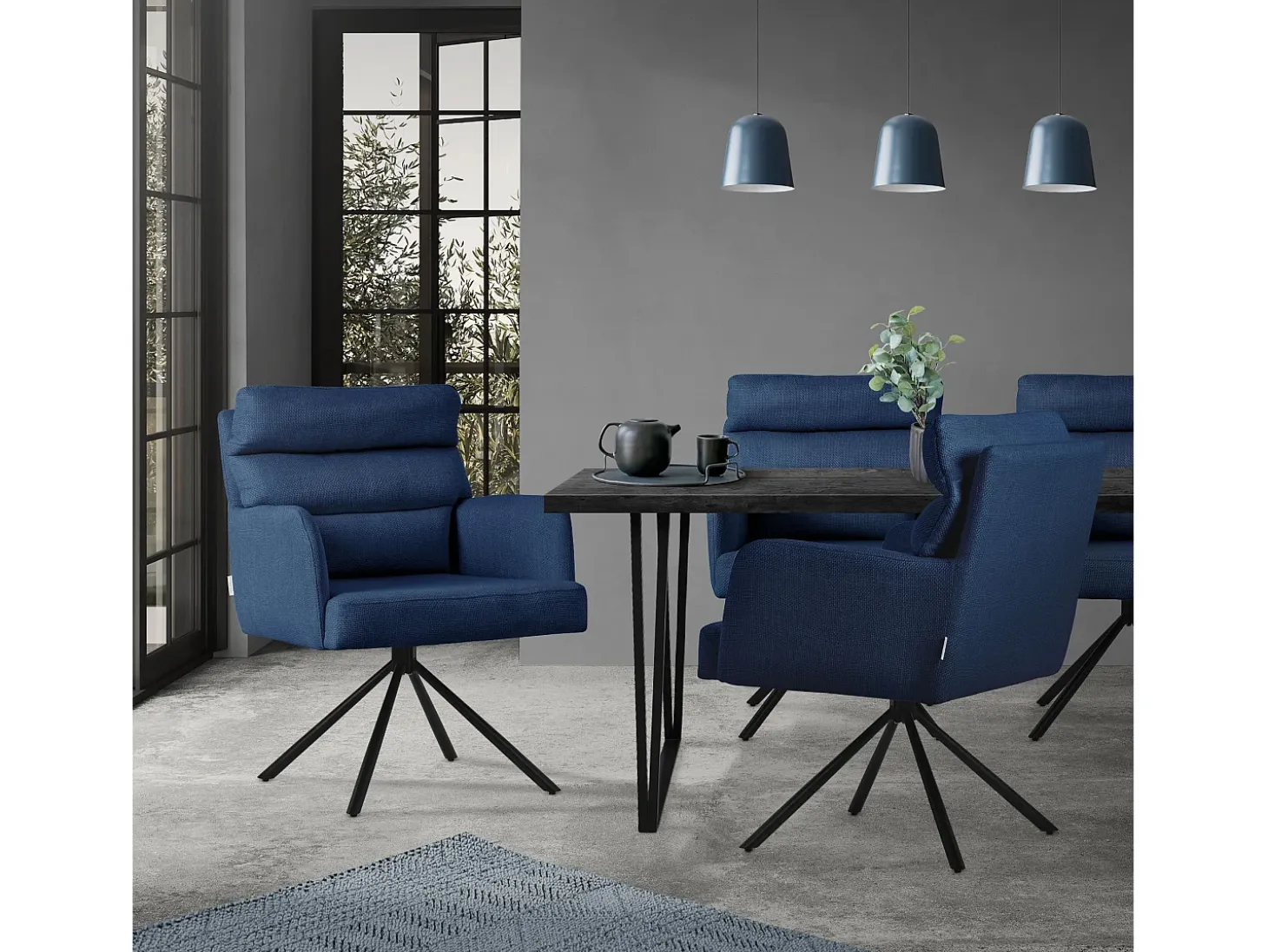 ML-Design Sillas de comedor giratorias, set de 2, azul oscuro, Sillas de salón con reposabrazos y respaldo