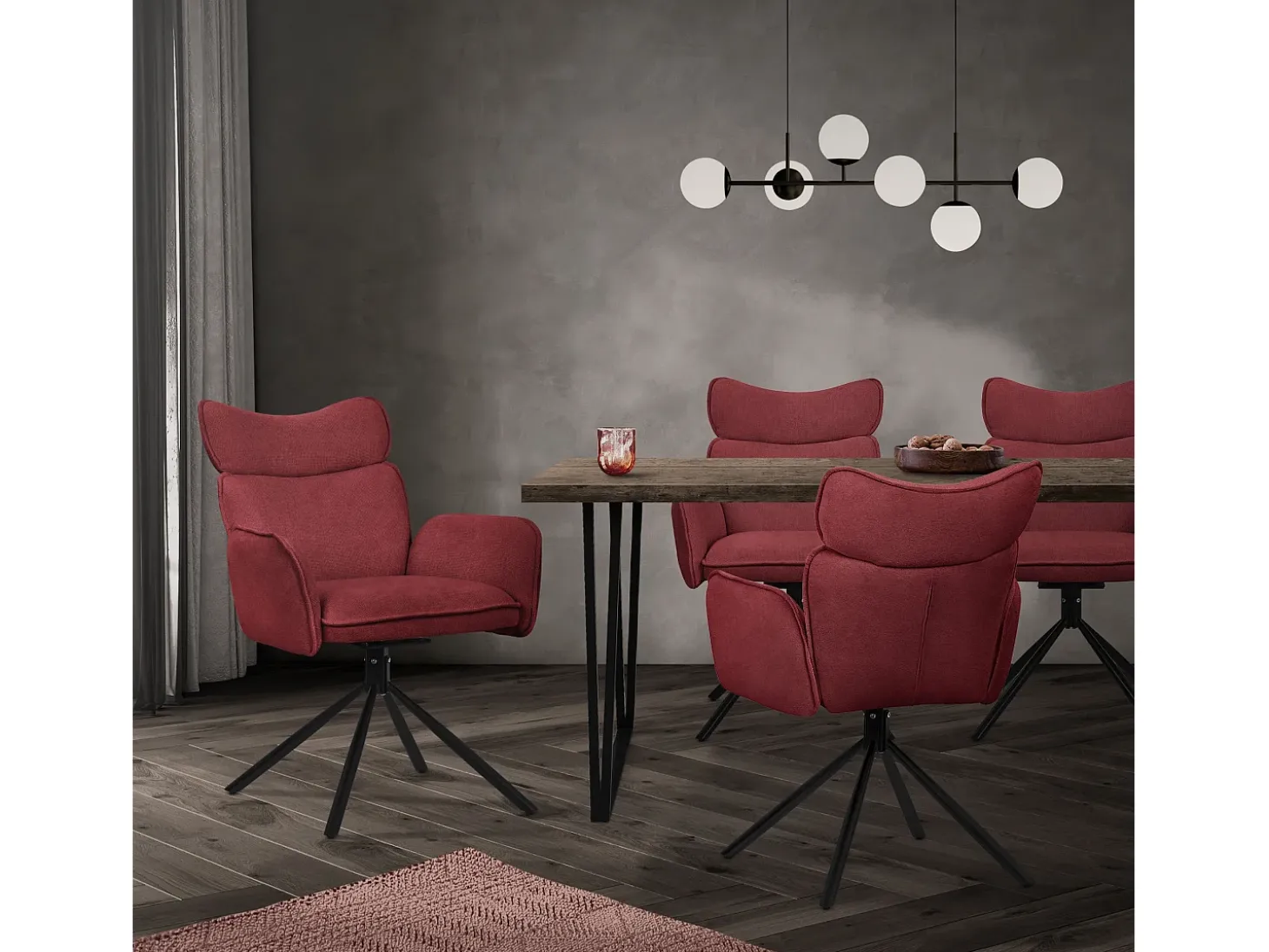 ML-Design 2x Sillas de comedor giratorias 360° rojas con funda de tela, asiento de salón con reposabrazos y respaldo sillón ergonómico de cocina