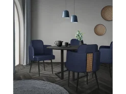 ML-Design 6x Sillas de comedor con funda de tela azul oscuro asientos de salón con respaldo y reposabrazos de ratán mueble tapizado y patas de metal