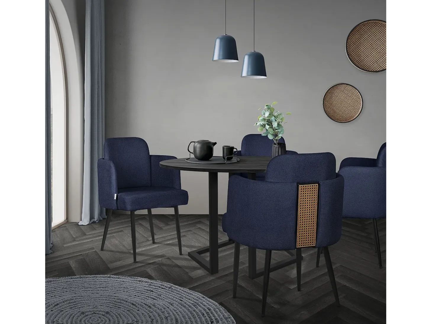 ML-Design 6x Sillas de comedor con funda de tela azul oscuro asientos de salón con respaldo y reposabrazos de ratán mueble tapizado y patas de metal