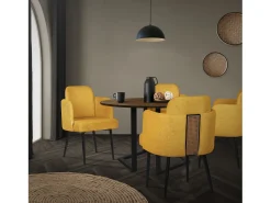 ML-Design 4x Sillas de comedor con funda de tela mostaza asientos sofá de salón con respaldo y reposabrazos de ratán mueble tapizado y patas de metal