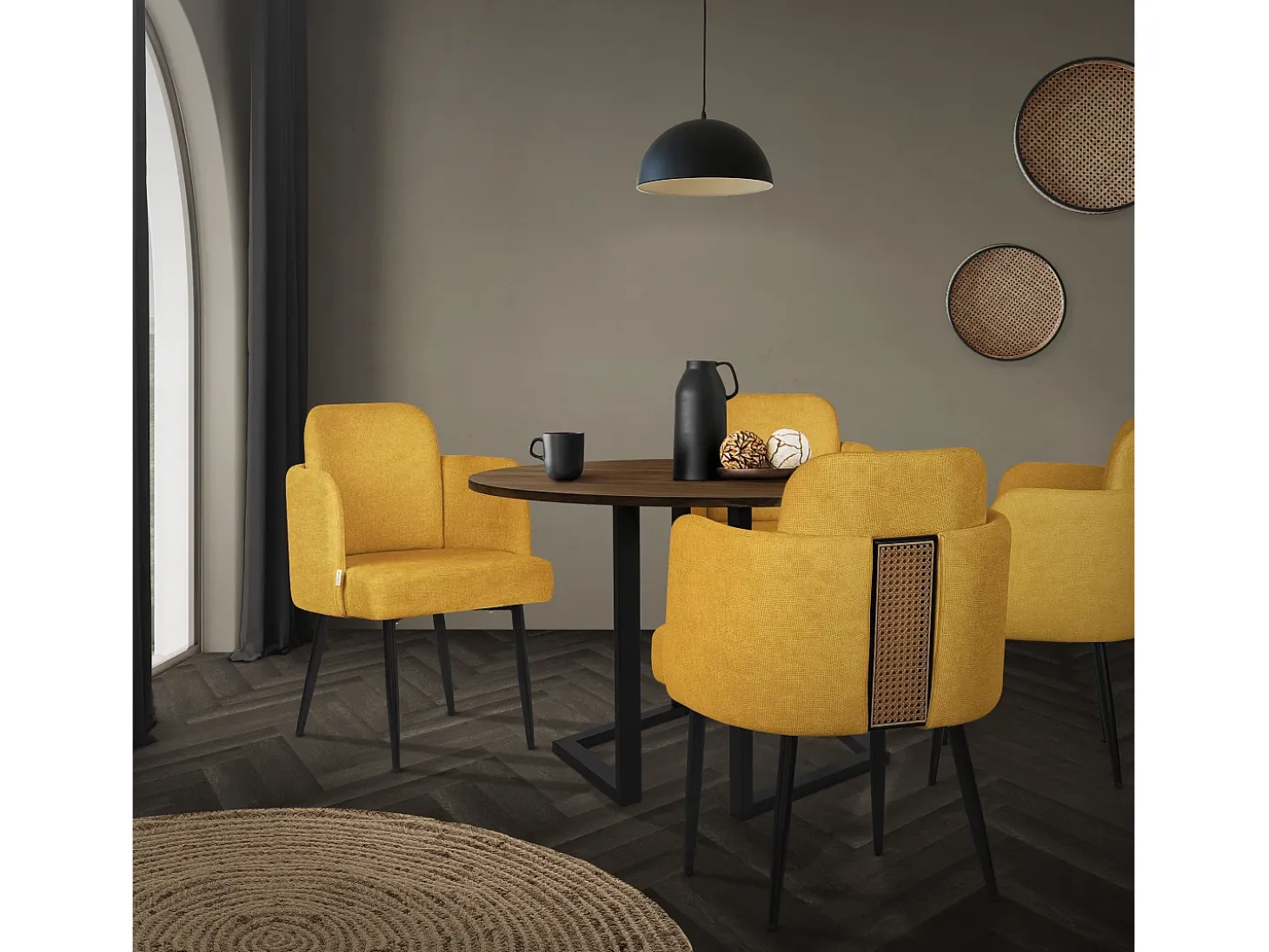 ML-Design 4x Sillas de comedor con funda de tela mostaza asientos sofá de salón con respaldo y reposabrazos de ratán mueble tapizado y patas de metal