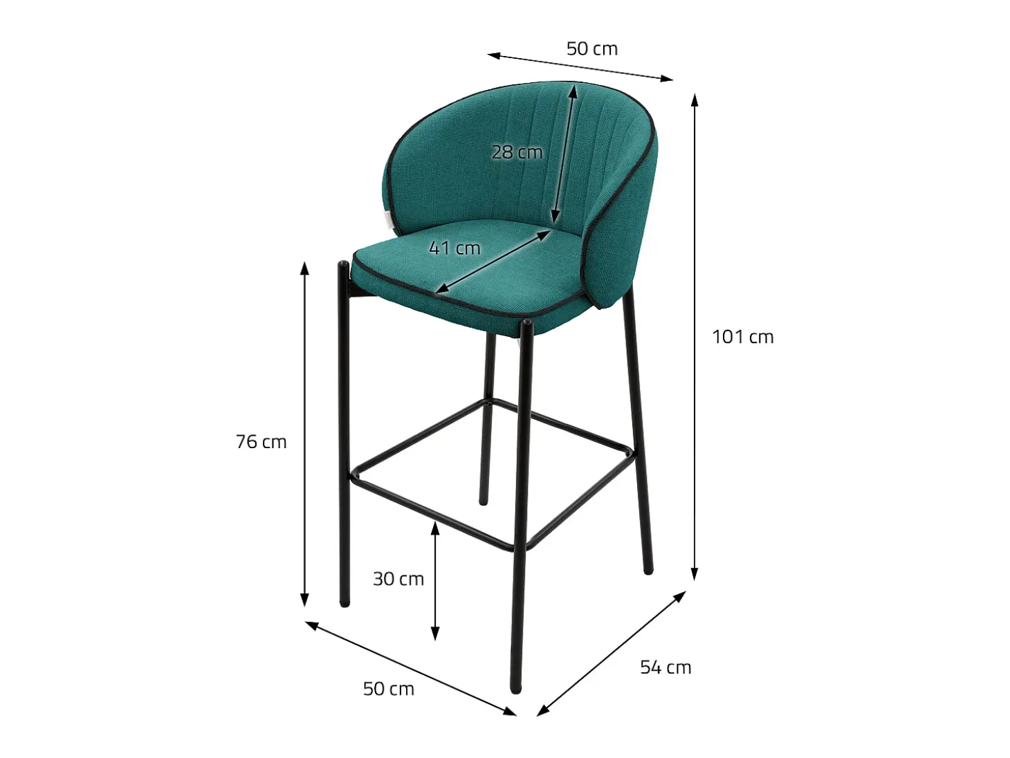 ML-Design 2x Taburetes de bar turquesa oscuro con tapizado de tela, 76cm sillas con respaldo y reposapíes, estructura metálica sillones para encimera