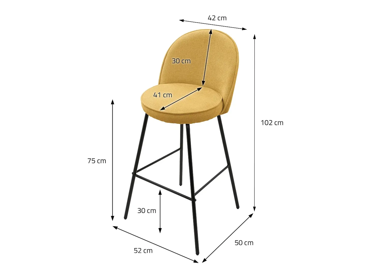 ML-Design 4x Taburetes de bar mostaza con tapizado de tela, 75cm altura, sillas con respaldo y reposapíes, estructura metálica sillones para encimera