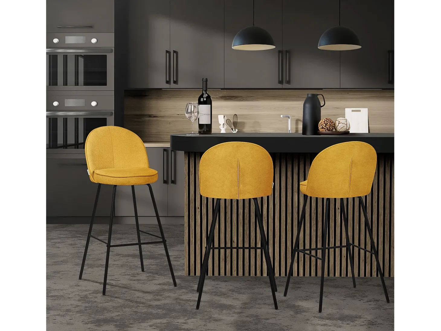 ML-Design 2x Taburetes de bar mostaza con tapizado de tela, 75cm altura, sillas con respaldo y reposapíes, estructura metálica sillones para encimera
