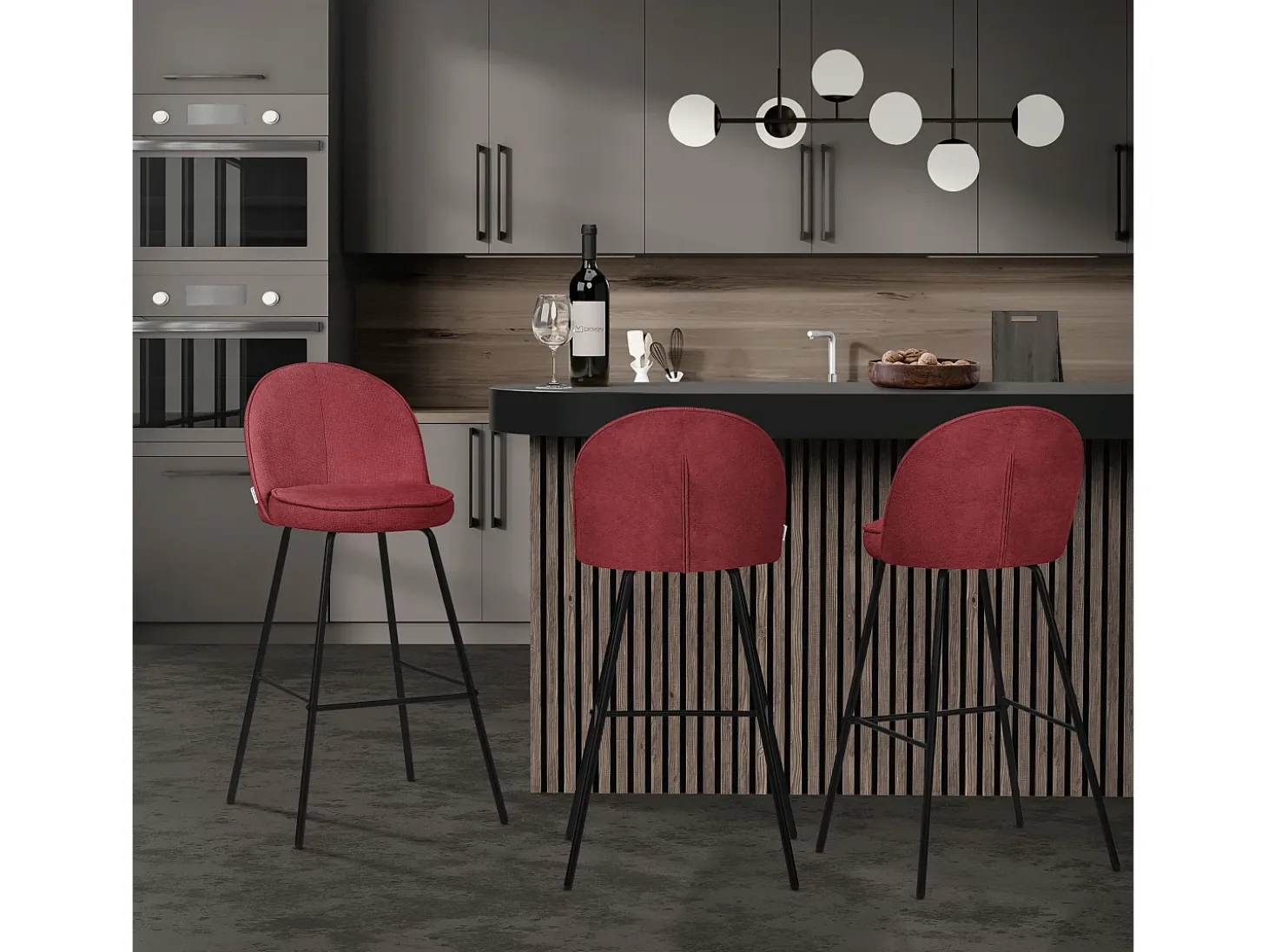 ML-Design 4x Taburetes de bar rojos con tapizado de tela, 75cm altura, sillas con respaldo y reposapíes, estructura metálica sillones para encimera