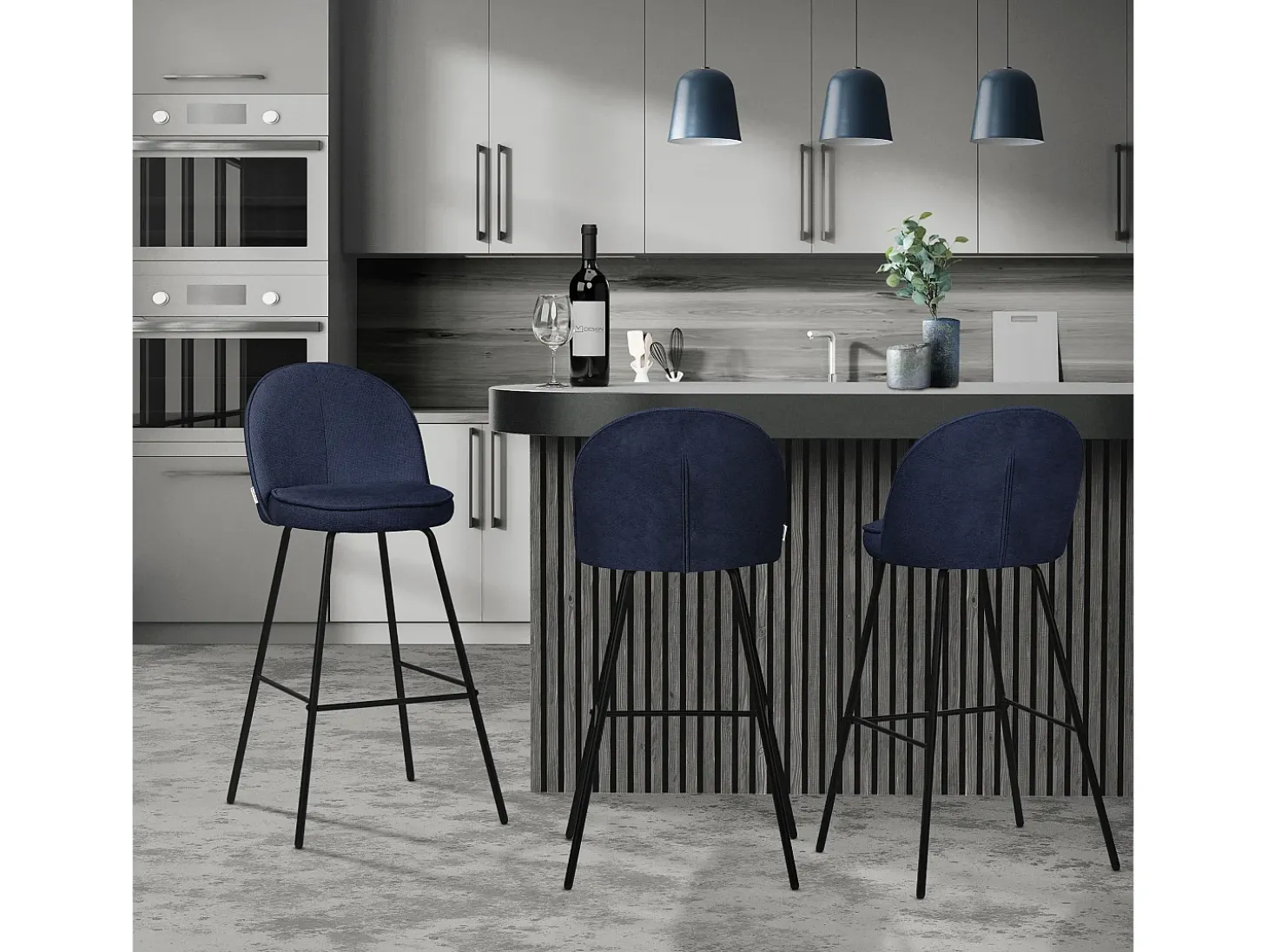 ML-Design 2x Taburetes de bar azul oscuro con tapizado de tela, 75cm sillas con respaldo y reposapíes, estructura metálica sillones para encimera