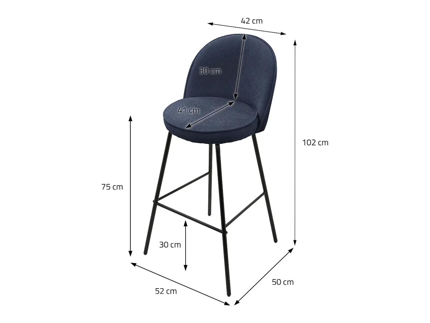ML-Design 2x Taburetes de bar azul oscuro con tapizado de tela, 75cm sillas con respaldo y reposapíes, estructura metálica sillones para encimera