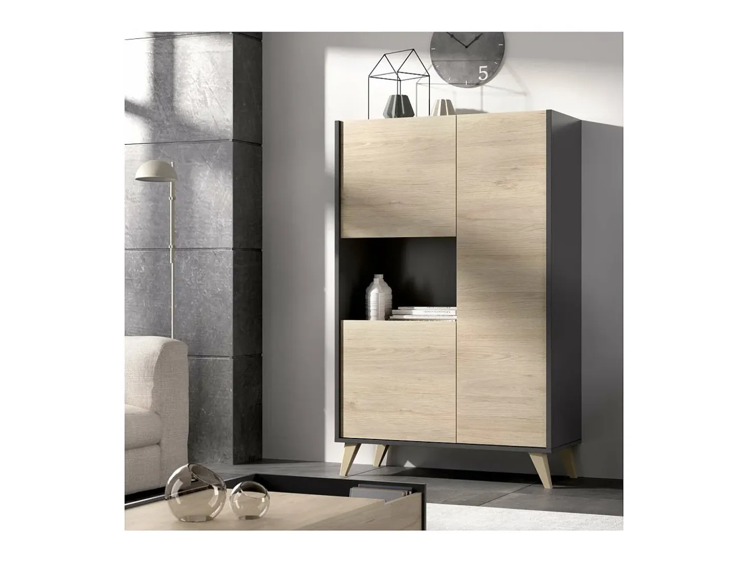 Modulo alto 3 puertas para salón o cocina Dina en Natural-Grafito, 135cm(alto) 81cm(ancho