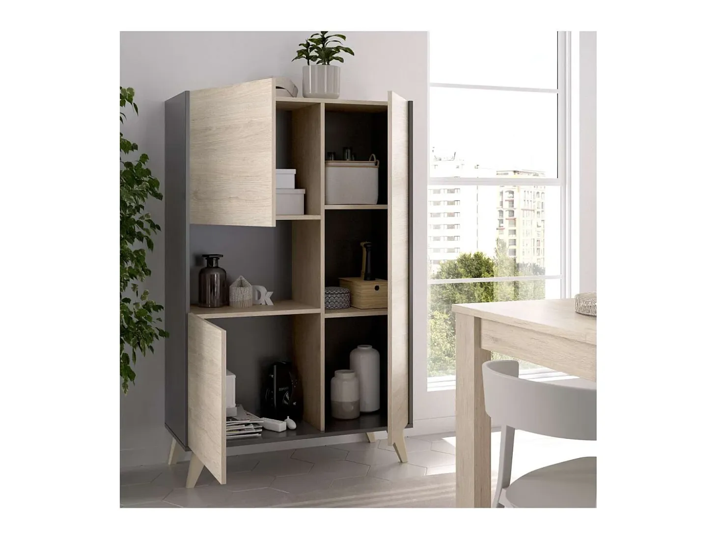 Modulo alto 3 puertas para salón o cocina Dina en Natural-Grafito, 135cm(alto) 81cm(ancho