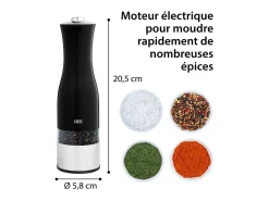 Molino Eléctrico de Sal y Pimienta ADE en Acero Inoxidable con Molinillo de Cerámica, Molienda Ajustable y LED, 22,5 cm, Negro