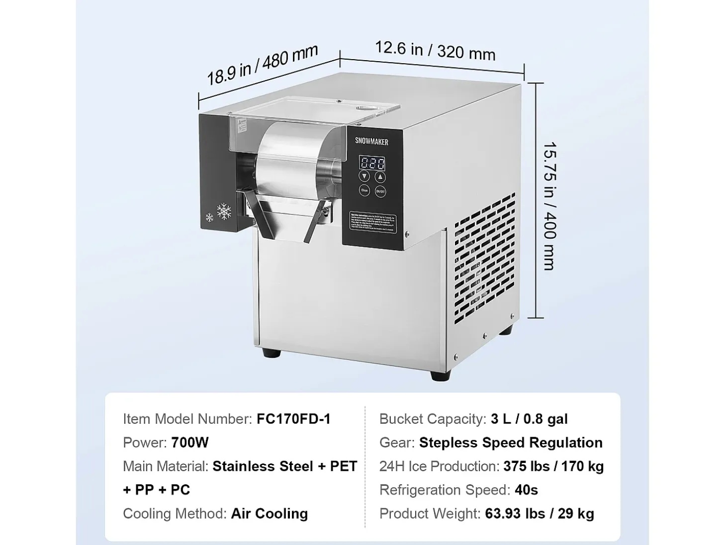 Máquina Comercial de Hielo en Copos SucceBuy, 170 kg/24 h de Acero Inoxidable para Helados