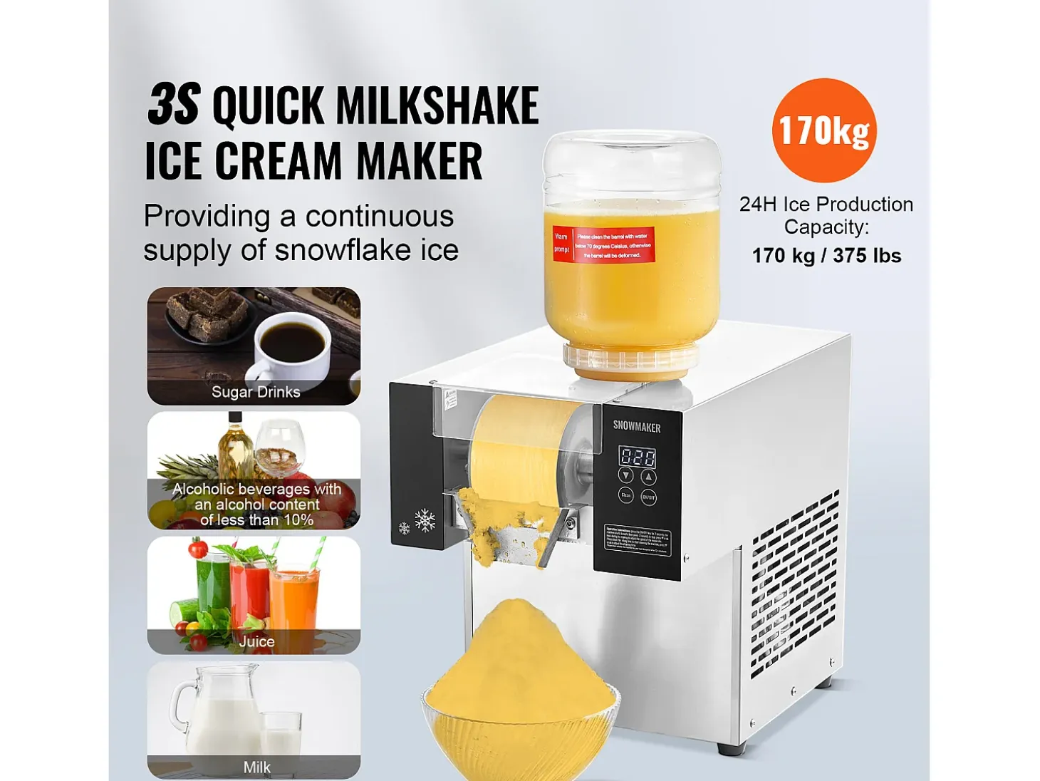 Máquina Comercial de Hielo en Copos SucceBuy, 170 kg/24 h de Acero Inoxidable para Helados