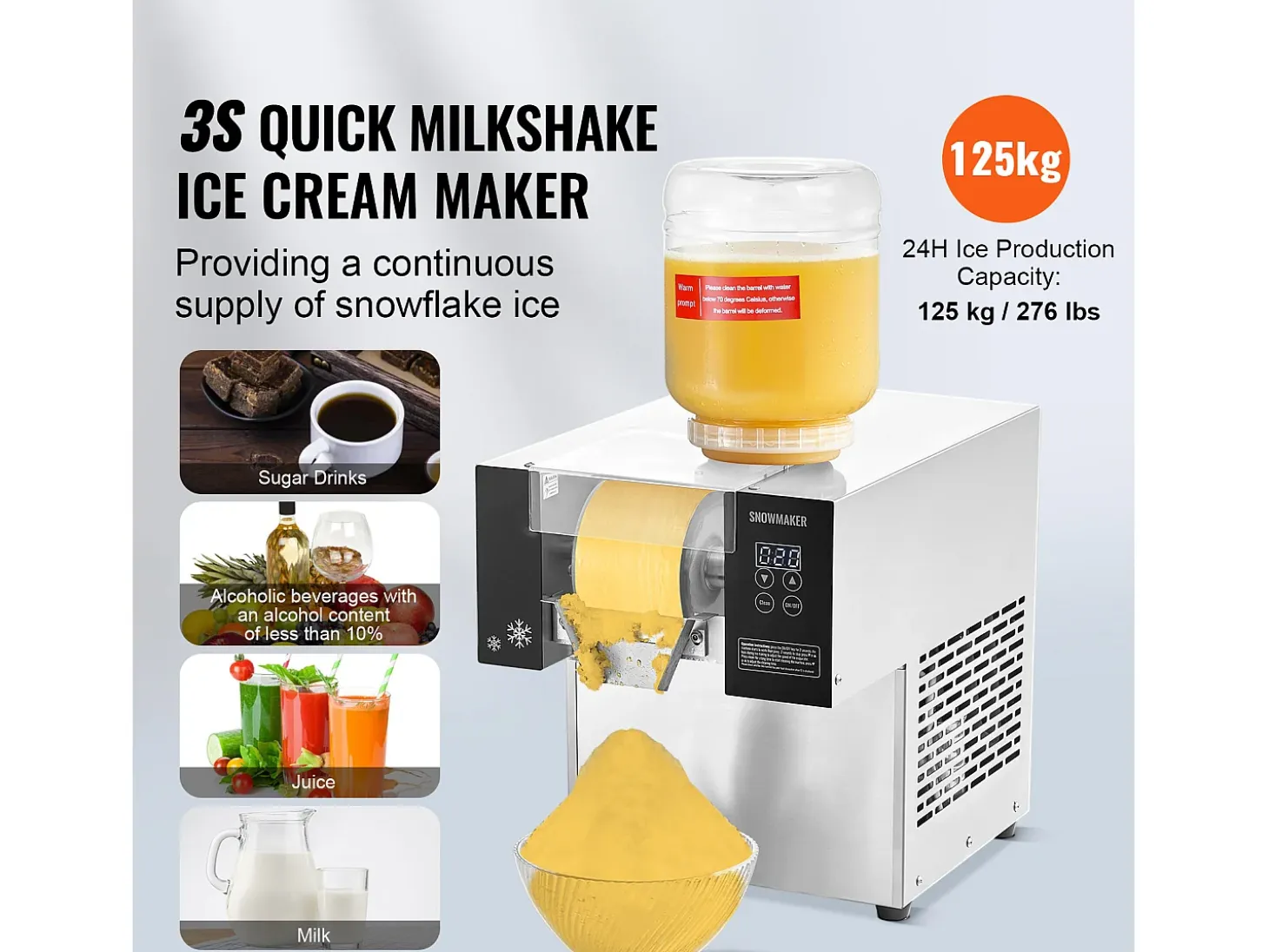 Máquina Comercial de Hielo en Copos SucceBuy, 125 kg/24 h de Acero Inoxidable para Helados