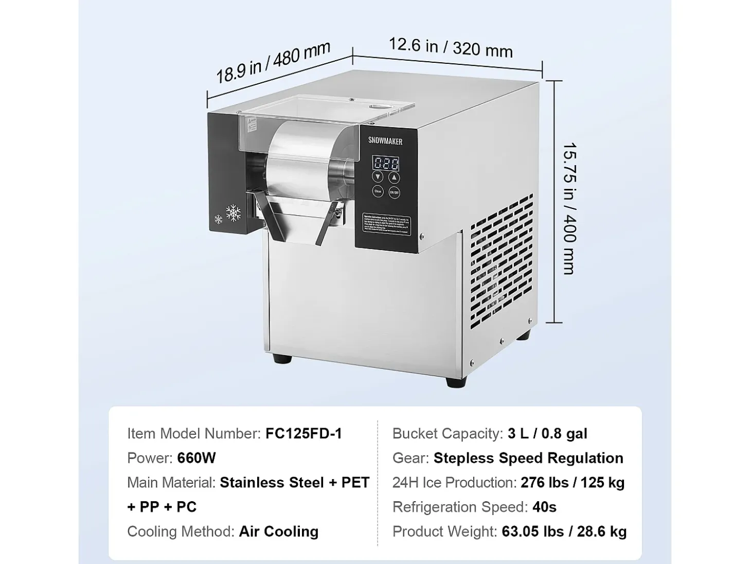 Máquina Comercial de Hielo en Copos SucceBuy, 125 kg/24 h de Acero Inoxidable para Helados