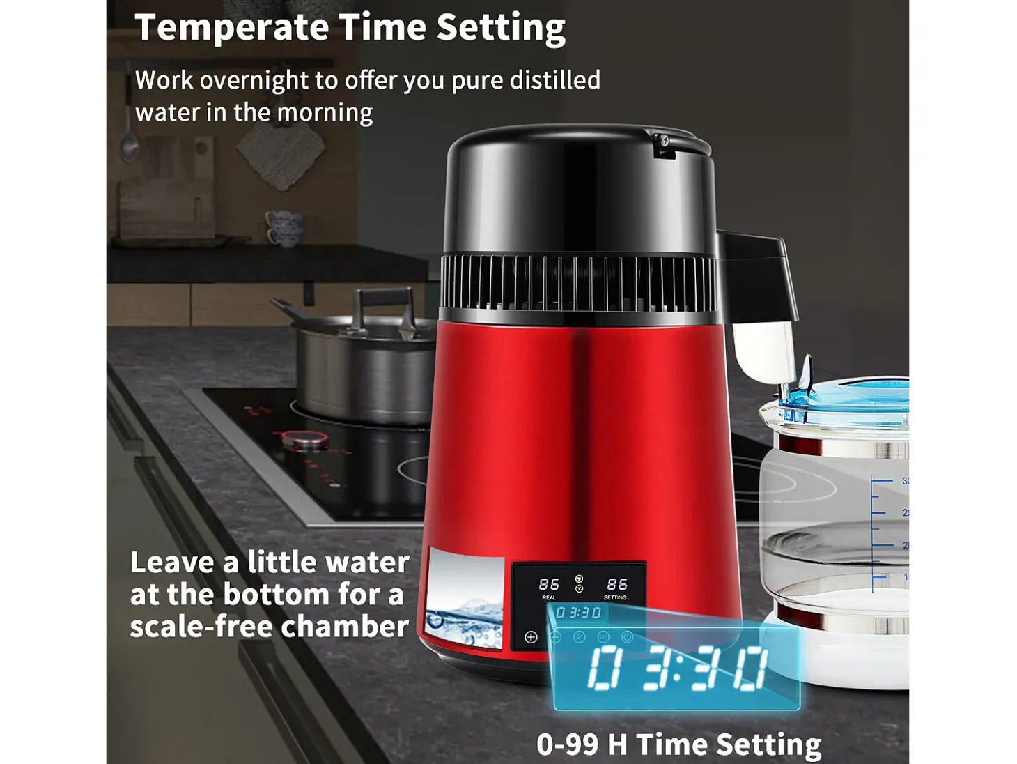 Máquina de Agua Destilada SucceBuy, 4L 1 L/H con Temporizador y Doble Pantalla de Temperatura, Roja