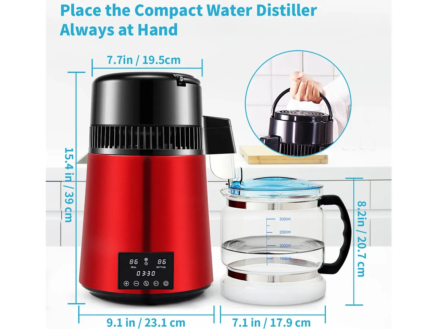 Máquina de Agua Destilada SucceBuy, 4L 1 L/H con Temporizador y Doble Pantalla de Temperatura, Roja