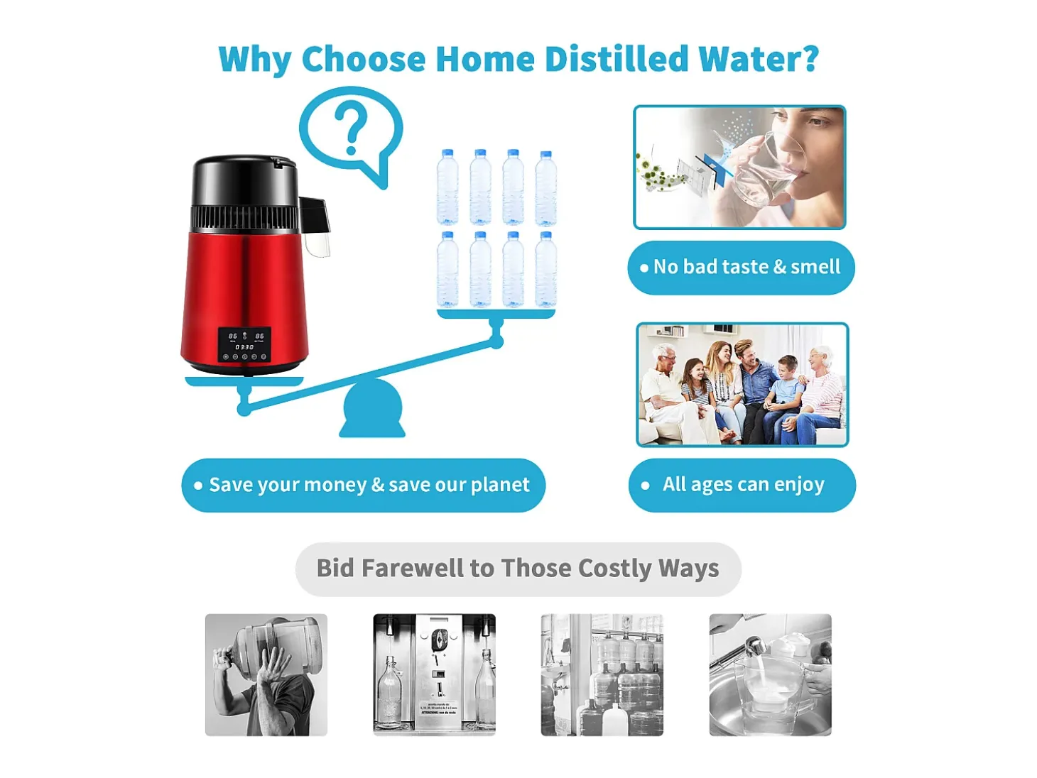 Máquina de Agua Destilada SucceBuy, 4L 1 L/H con Temporizador y Doble Pantalla de Temperatura, Roja