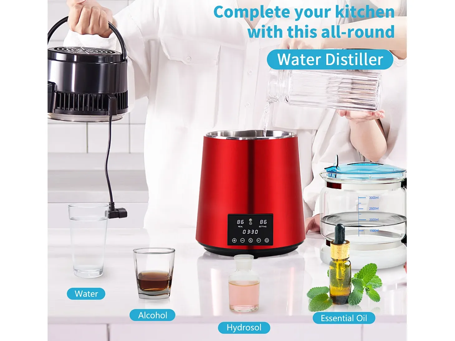 Máquina de Agua Destilada SucceBuy, 4L 1 L/H con Temporizador y Doble Pantalla de Temperatura, Roja