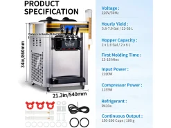 Máquina de Helado Blando SucceBuy, 22-30 L/H, 2200 W, Máquina de Helado Italiano Comercial Tolva 2x6 L