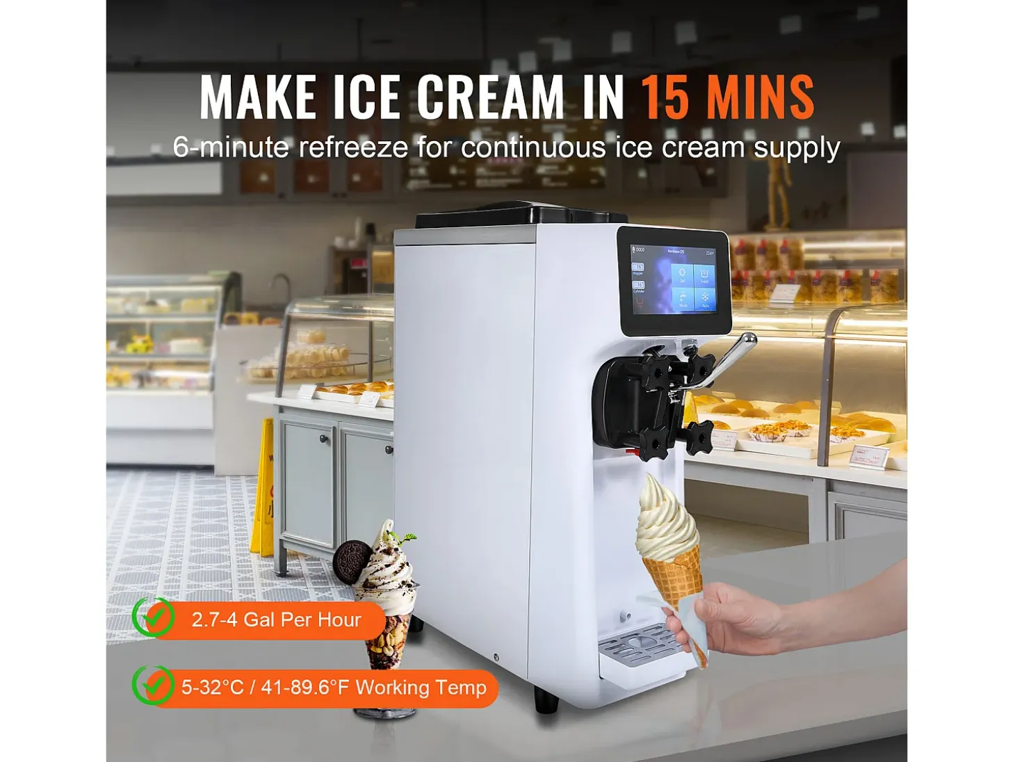 Máquina de Helado Blando SucceBuy, 10 L/h 900 W, 1 Sabor, Pre-enfriamiento Automático con Pantalla Táctil, para Sundae Yogur