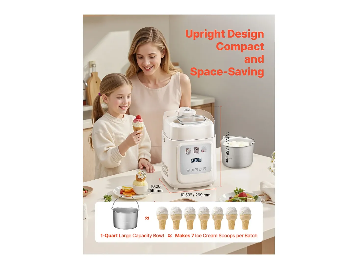Máquina de Helados SucceBuy Automática, Turbina de Hielo para Sorbetes y Yogur Helado con Compresor Integrado, Máquina de Helados Eléctrica sin Precongelación