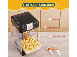 Máquina de Palomitas SucceBuy 300 W, Máquina de Palomitas de Mesa con Puerta de PP, Incluye 2 Cucharas y una Bandeja, Estilo Cine, Negro