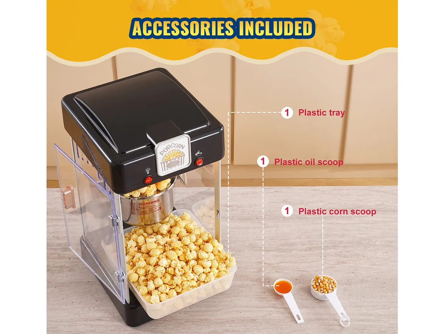 Máquina de Palomitas SucceBuy 300 W, Máquina de Palomitas de Mesa con Puerta de PP, Incluye 2 Cucharas y una Bandeja, Estilo Cine, Negro