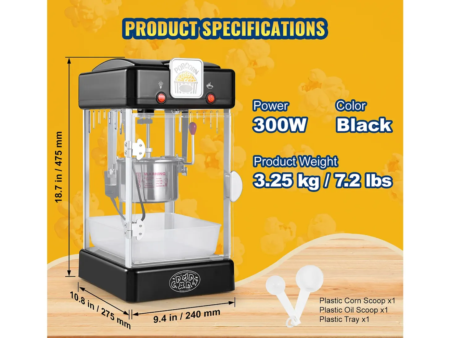 Máquina de Palomitas SucceBuy 300 W, Máquina de Palomitas de Mesa con Puerta de PP, Incluye 2 Cucharas y una Bandeja, Estilo Cine, Negro