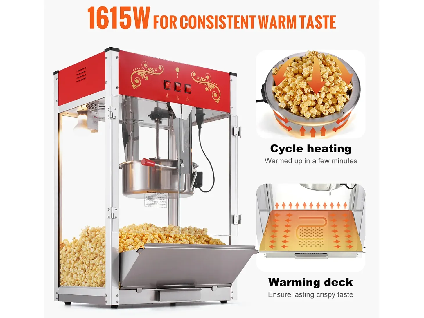 Máquina de Palomitas SucceBuy 1615 W, Máquina de Popcorn de 16 oz, Máquina de Mostrador con Caldero de Vidrio Templado, Estilo Cine, Rojo