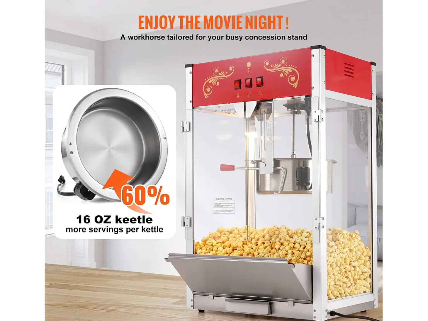 Máquina de Palomitas SucceBuy 1615 W, Máquina de Popcorn de 16 oz, Máquina de Mostrador con Caldero de Vidrio Templado, Estilo Cine, Rojo
