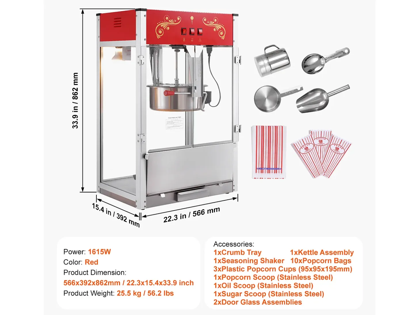 Máquina de Palomitas SucceBuy 1615 W, Máquina de Popcorn de 16 oz, Máquina de Mostrador con Caldero de Vidrio Templado, Estilo Cine, Rojo