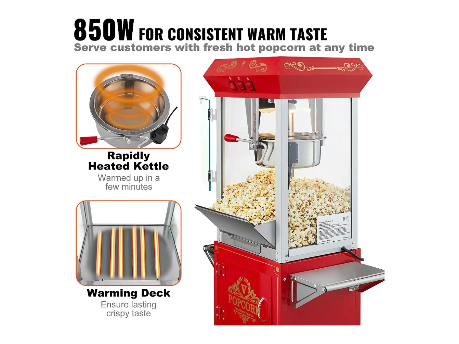 Máquina de Palomitas SucceBuy, Máquina de Palomitas con Carrito, 850 W, 8 oz, 48 Tazas, Rojo, 610 x 410 x 1395 mm