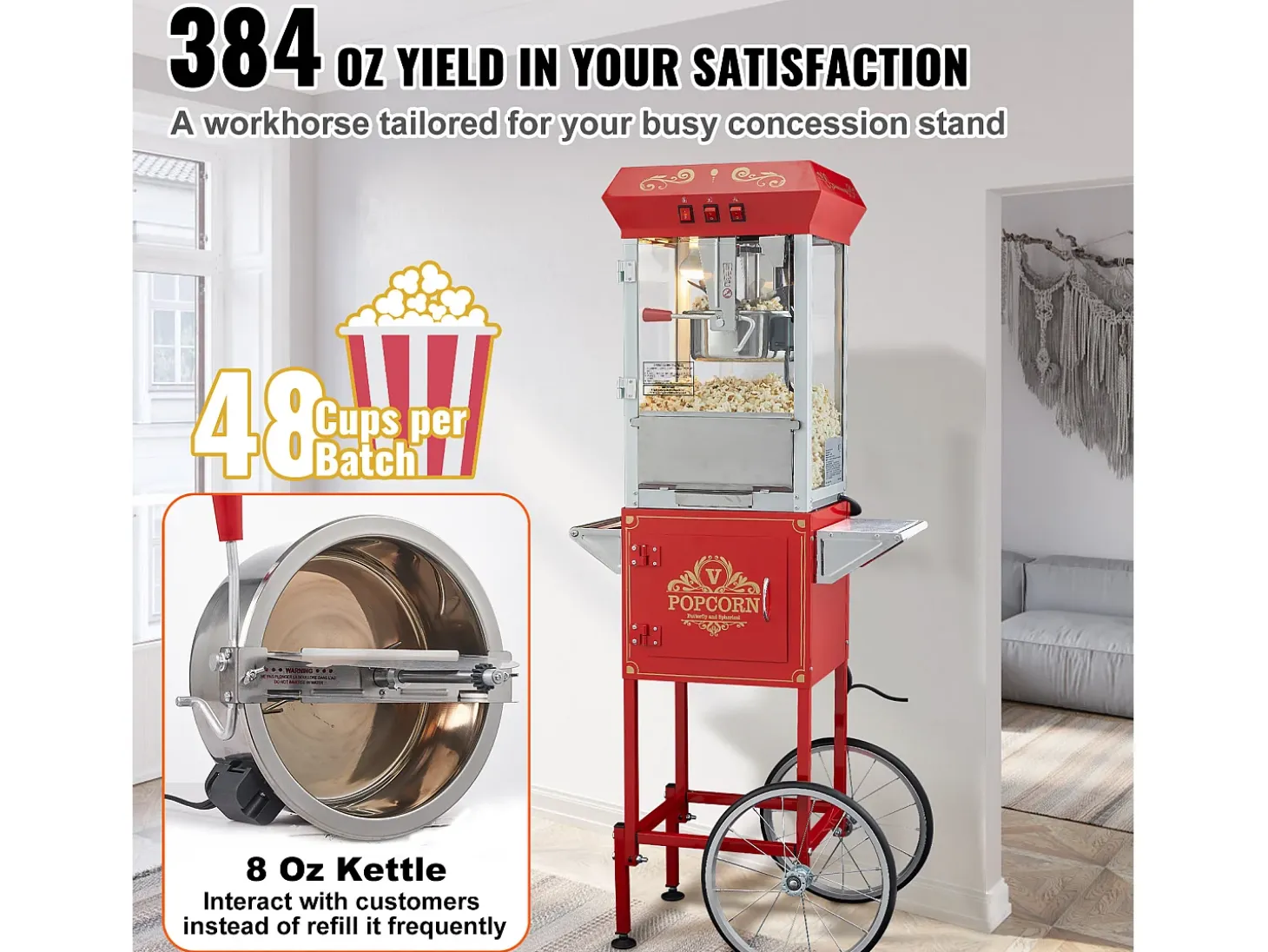 Máquina de Palomitas SucceBuy, Máquina de Palomitas con Carrito, 850 W, 8 oz, 48 Tazas, Rojo, 610 x 410 x 1395 mm