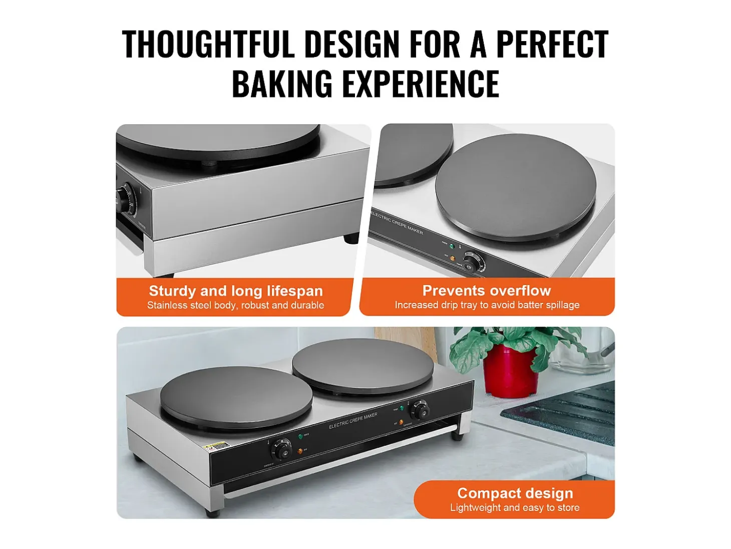 Máquina para Hacer Gofres SucceBuy Crepera Eléctrica de 40,6 cm y 3400 W, Doble Cabezal, para Gofres Comerciales