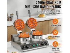 Máquina para Hacer Gofres SucceBuy Waflera Redonda de Doble Cabezal Comercial de 2460 W, Antiadherente