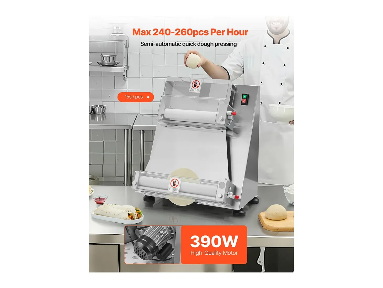 Máquina para Hacer Pizzas SucceBuy, 7,6-40,6 cm, Prensa de Masa Eléctrica Comercial de 390 W, 260 Hojas por Hora, Grosor Ajustable con Tapa