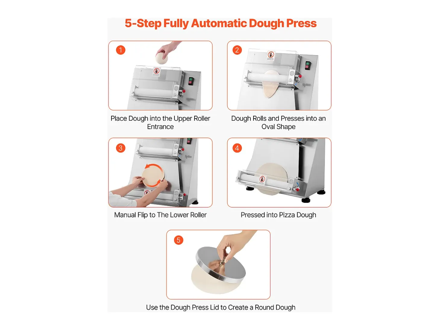 Máquina para Hacer Pizzas SucceBuy, 7,6-40,6 cm, Prensa de Masa Eléctrica Comercial de 390 W, 260 Hojas por Hora, Grosor Ajustable con Tapa