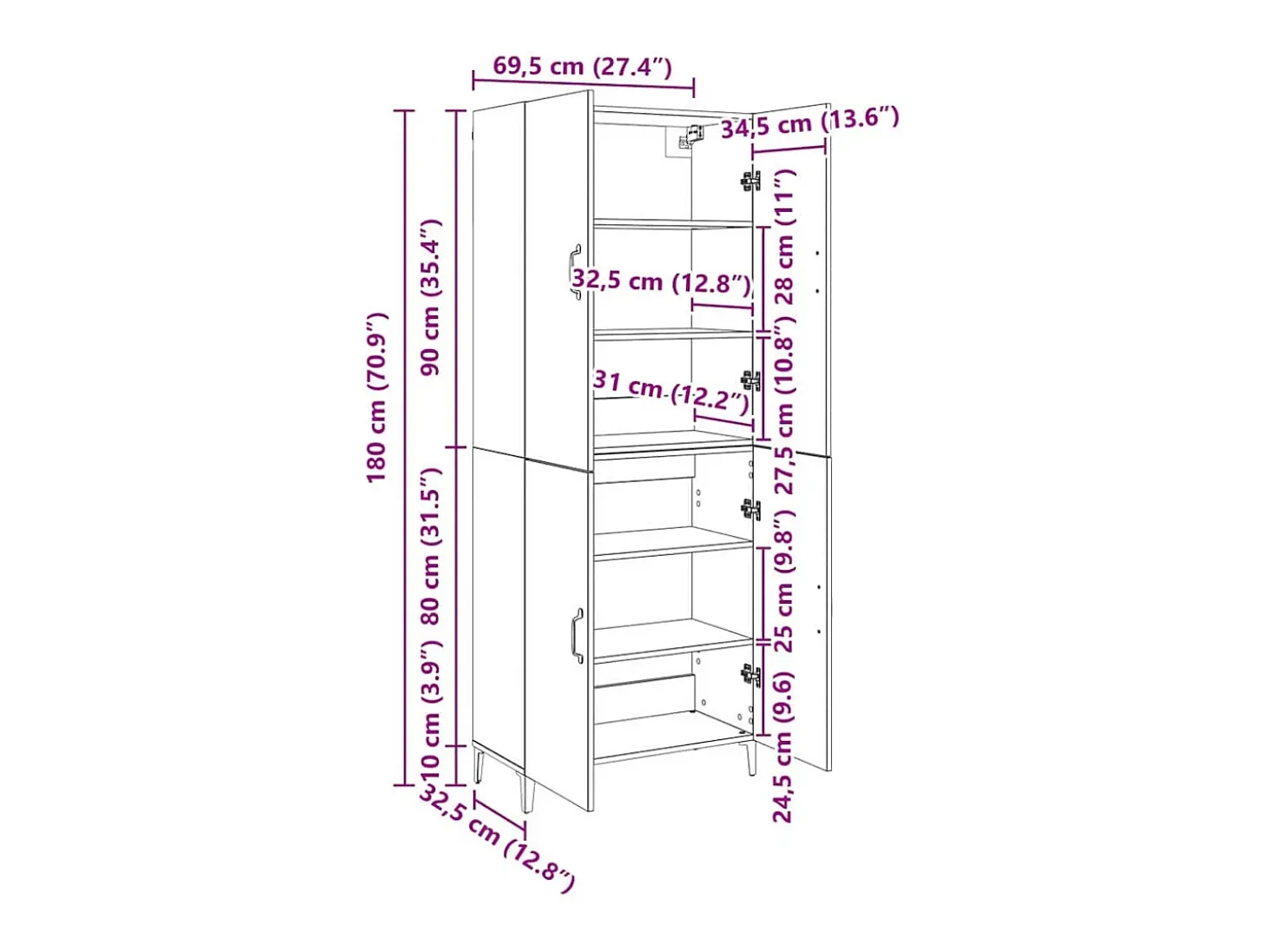 Mueble alto 2 piezas roble artesanal 69,5x34x180 cm
