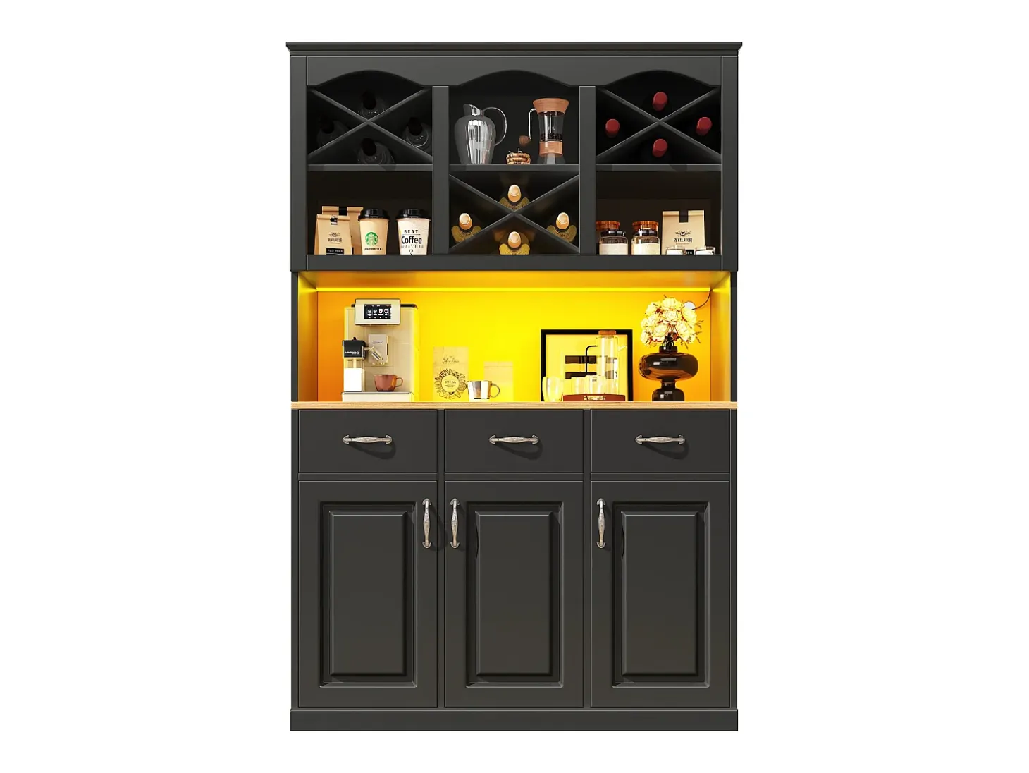 Mueble alto de cocina 120x40x180cm - 3 puertas + 3 cajones - Estantes abiertos - Mueble alto - Con iluminación LED - Almacén para vino - Negro