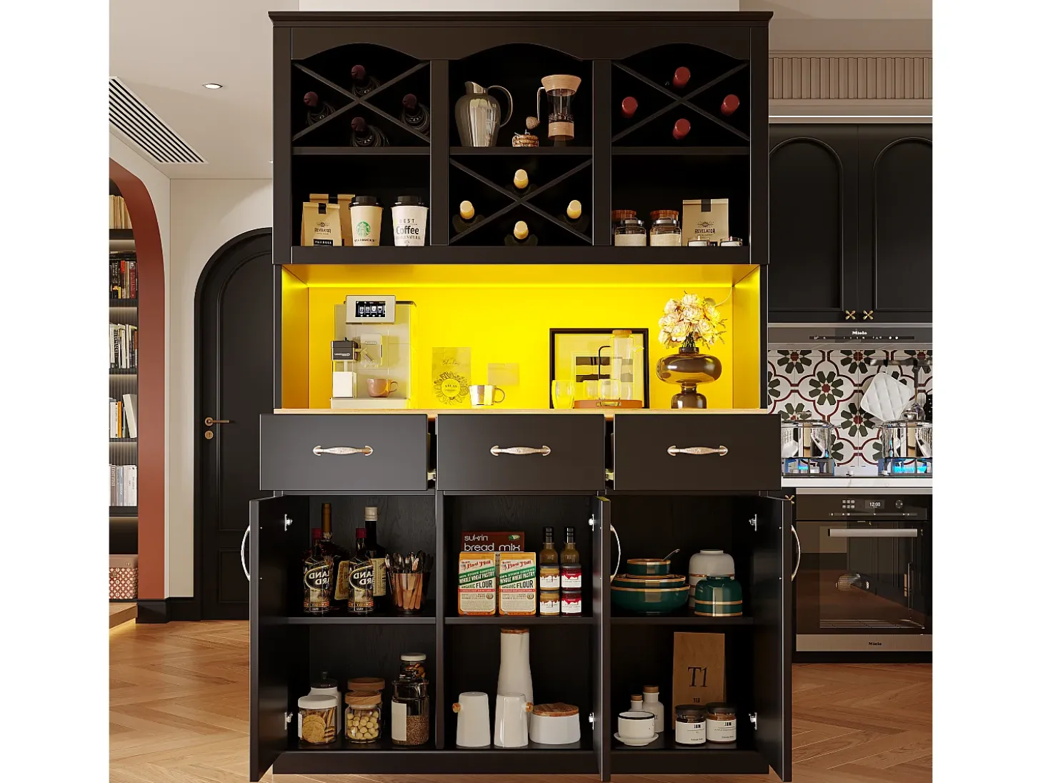 Mueble alto de cocina 120x40x180cm - 3 puertas + 3 cajones - Estantes abiertos - Mueble alto - Con iluminación LED - Almacén para vino - Negro