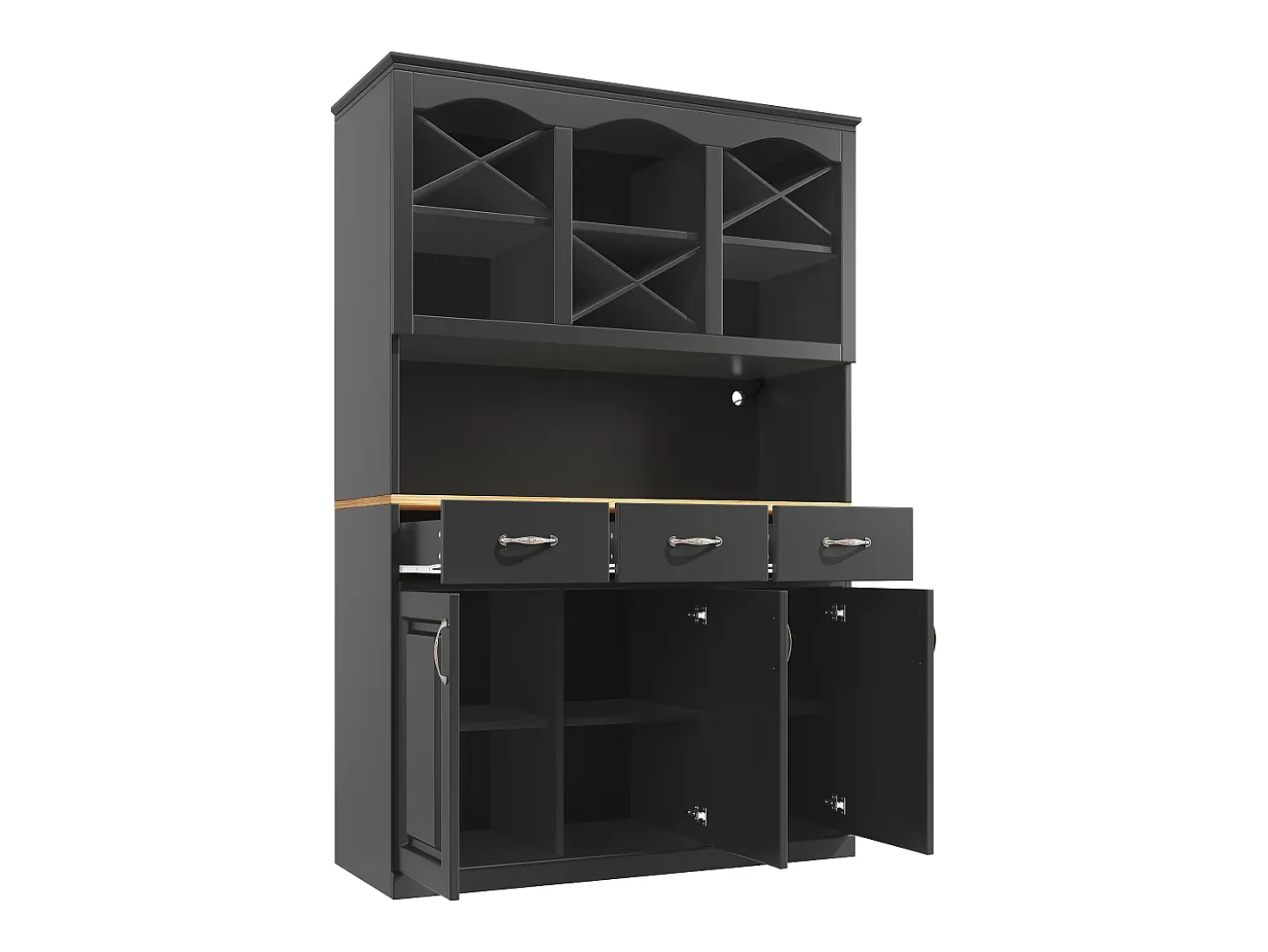 Mueble alto de cocina 120x40x180cm - 3 puertas + 3 cajones - Estantes abiertos - Mueble alto - Con iluminación LED - Almacén para vino - Negro