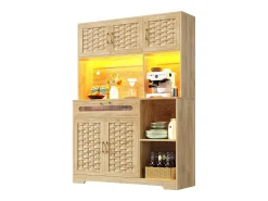 Mueble alto de cocina 120x40x180cm - 5 puertas + 1 cajón - LED - Mueble alto - Buffet multifuncional - Decoración de rattán - Natural